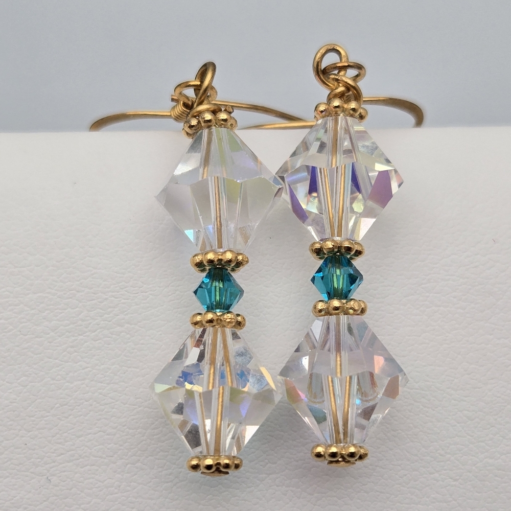 Swarovski Like Crystal Dangle Earrings Handcrafted Turquoise Accents Gold Tone
